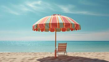 relaxation sur sablonneux plage, en dessous de bleu parapluie, été les vacances généré par ai photo