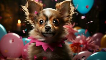 mignonne chiot séance, à la recherche à caméra, anniversaire fête cadeau généré par ai photo