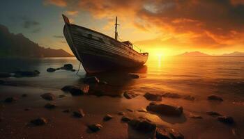 tranquille coucher de soleil, nautique navire voiles sur calme des eaux généré par ai photo