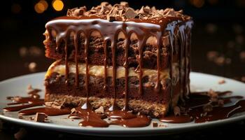 fait maison Chocolat gâteau tranche sur plaque, indulgent dessert généré par ai photo
