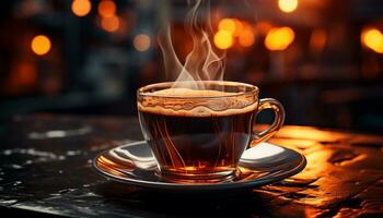 une chaud cappuccino sur une en bois tableau, vapeur en hausse généré par ai photo