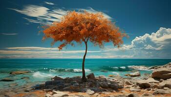 tranquille coucher de soleil, bleu ciel, vert arbre, reflétant sur l'eau généré par ai photo