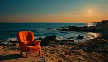 tranquille littoral, séance sur chaise, le coucher du soleil plus de l'eau généré par ai photo