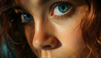 souriant femme avec bleu yeux rayonne beauté et innocence généré par ai photo