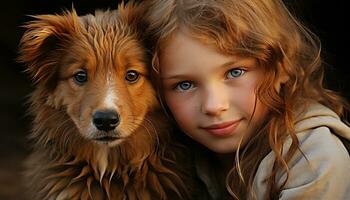 souriant enfant embrasse mignonne chiot, pur joie dans la nature généré par ai photo