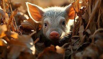 mignonne porcelet à la recherche à caméra dans ensoleillé Prairie généré par ai photo