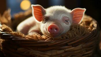 mignonne porcelet en train de dormir dans une panier, entouré par la nature innocence généré par ai photo