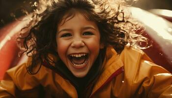 souriant enfant en jouant dans le pluie, profiter la nature joyeux beauté généré par ai photo