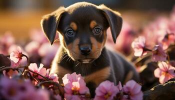 mignonne chiot séance dans herbe, à la recherche à caméra, profiter la nature généré par ai photo