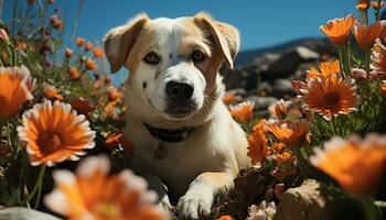 une mignonne chiot séance dans le herbe, entouré par fleurs généré par ai photo