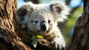une mignonne koala séance sur une bifurquer, à la recherche à caméra généré par ai photo