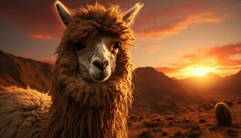 alpaga pâturage sur une Montagne prairie, souriant en dessous de le le coucher du soleil généré par ai photo