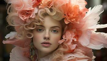 une magnifique Jeune femme avec blond cheveux et une rose fleur généré par ai photo