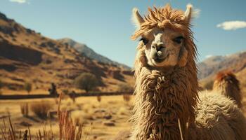 une mignonne alpaga broute sur une Montagne prairie, souriant à caméra généré par ai photo