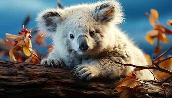 mignonne koala séance sur une arbre, à la recherche à le caméra généré par ai photo