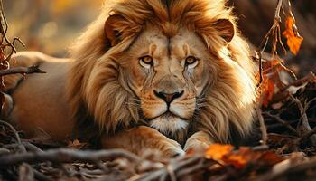 majestueux Lion repos dans le région sauvage, cache dans le herbe généré par ai photo