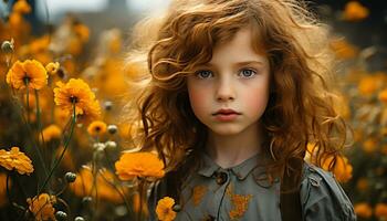 une mignonne fille avec marron cheveux souriant dans une Prairie généré par ai photo
