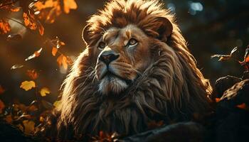 majestueux Lion en marchant dans le savane, cache dans l'automne herbe généré par ai photo