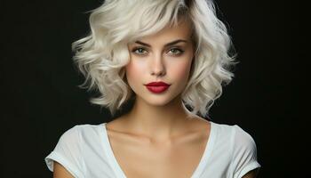 une magnifique mode modèle avec blond cheveux et caucasien l'ethnie généré par ai photo