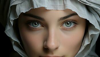 magnifique femme dans hijab, élégance et sensualité dans sa yeux généré par ai photo