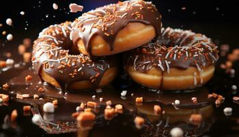 Donut, chocolat, sucré nourriture, gourmet, collation, mauvais pour la santé alimentaire, sucre, glaçage, rafraîchissement généré par ai photo