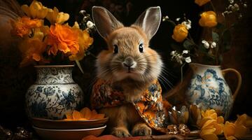 mignonne lapin est assis sur tableau, entouré par fleurs et décoration généré par ai photo