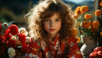 une mignonne fille séance en plein air, en portant une fleur, souriant généré par ai photo