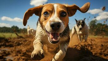 mignonne chiot en jouant dans le prairie, apportant joie et bonheur généré par ai photo