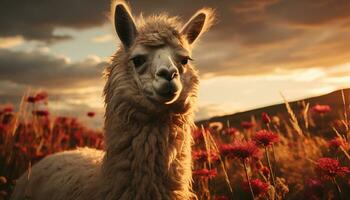 mignonne alpaga pâturage sur une prairie, souriant à le caméra généré par ai photo