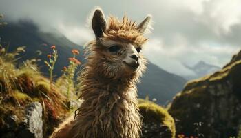 mignonne alpaga pâturage dans une vert prairie, entouré par montagnes généré par ai photo