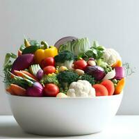 international végétalien journée fête ai génératif avec en bonne santé des légumes dans blanc céramique bol photo