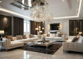 luxe moderne vivant pièce avec élégant décoration ai généré photo