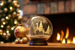 verre globe avec Noël paysage à l'intérieur, Noël vacances concept, bokeh Contexte. génératif ai photo