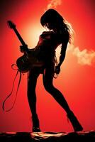 silhouette de une 18 année vieux fille, femelle Roche chanteur, jouer une électrique guitare et chanter, devant, ancien mode, moderne affiches. ai génératif photo
