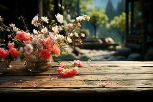 une en bois table avec printemps fleurs et vert herbe. ai génératif photo