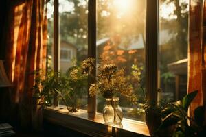 le fenêtre ombre est tiré vers le bas à mi-chemin, permettant une doux, diffus lumière à filtre dans le chambre, création une confortable atmosphère. ai génératif photo