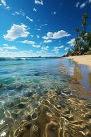 une serein or côte plage s'étire comme loin comme le œil pouvez voir, ses d'or sables réunion le cristal. ai génératif photo