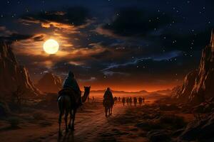 chameau procession dans désert merveille, en marchant sur roulant le sable dunes, étoile Piste la photographie. ai génératif photo