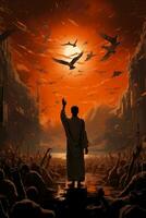 Jésus prédication à une grand foule plein de gens avec des oiseaux dans le ciel. ai génératif photo
