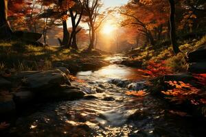 dans en retard l'automne, dans une d'or érable feuille forêt. ai génératif photo