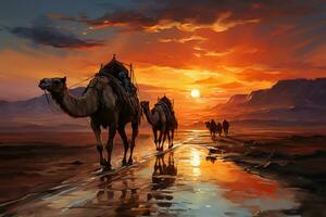 une coloré pétrole La peinture de une chameau procession dans le désert. ai génératif photo