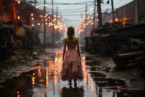 une femme dans une foncé Fée kei mode mariage robe patauger dans une fatigué industriel complexe dans le pluie à crépuscule. de mauvaise humeur atmosphère. ai génératif photo