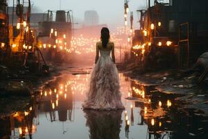 une femme dans une foncé Fée kei mode mariage robe patauger dans une fatigué industriel complexe dans le pluie à crépuscule. de mauvaise humeur atmosphère. ai génératif photo