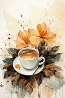 beige Contexte avec café taches et l'automne feuilles dans aquarelle style. ai génératif photo