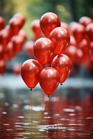 rouge ballons, bokeh dans arrière-plan, peu profond profondeur de champ. ai génératif photo