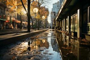 ensoleillé journée après le pluie, Urbain en direct, moderne ville. ai génératif photo