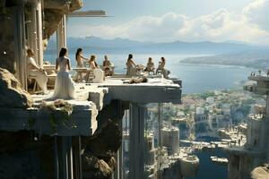 dans Grèce sappho est rêver dans gens avec une Colonnes carré dans Athènes structure architecture une gros ville mer voir. ai génératif photo