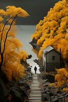 une Jaune maison à le bord de le danois fjord. ai génératif photo