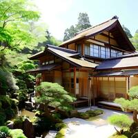 fantastique Japonais style bâtiment extérieur avec Naturel environnement ai génératif photo