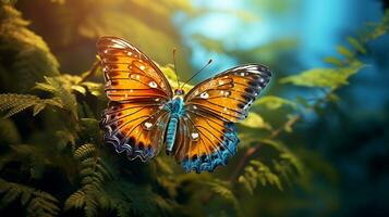 magnifique papillon dans le forêt rester feuille généré par ai photo
